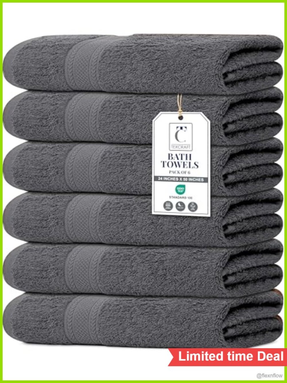 100% Cotton Terry Bath Towels Set of 6 Quick Dry Highly Absorbent 24x50